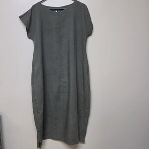 ISCHIKO Linen Lyocell Dress Lagenlook Boho Gray Midi Shift Loose Sz 0 Minimalist